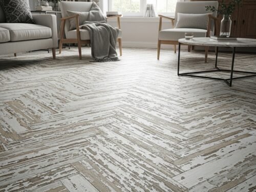 Solid Oak Parquet Herringbone – White Heavy Distressed Flooring