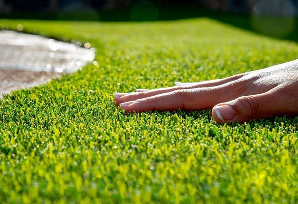Artificial Grass roll with dense green blades displayed on a sample surface for outdoor landscaping selection