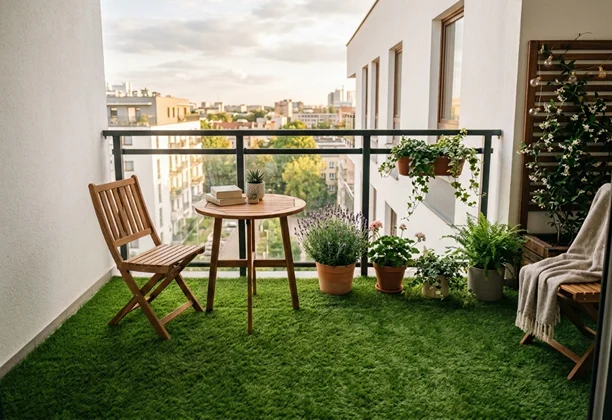 Balcony Artificial Grass installed with dense green fibers on an apartment terrace, creating a clean outdoor flooring surface