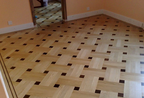 Basket Weave Parquet Flooring installed in a modern living room with interlocking wood blocks and natural oak finish