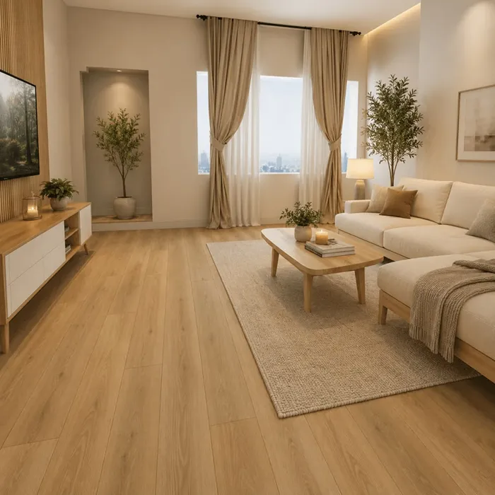 Beautiful wood look SPC flooring creating a warm and modern appearance for contemporary living room interiors.