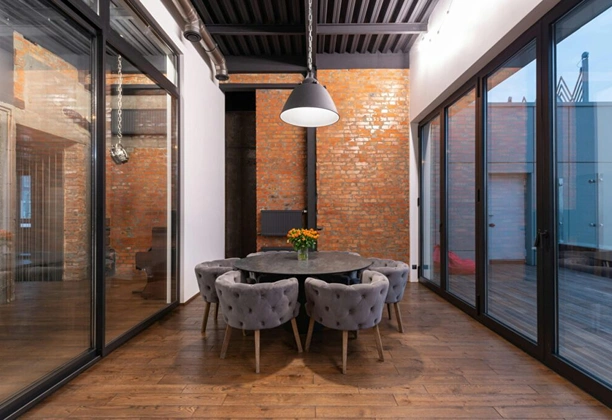 Brick Bond Parquet Flooring with interlocking wood pattern installed in a modern living room interior