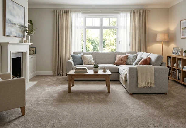 Carpet Flooring with textured pile surface installed in modern living room interior for residential use