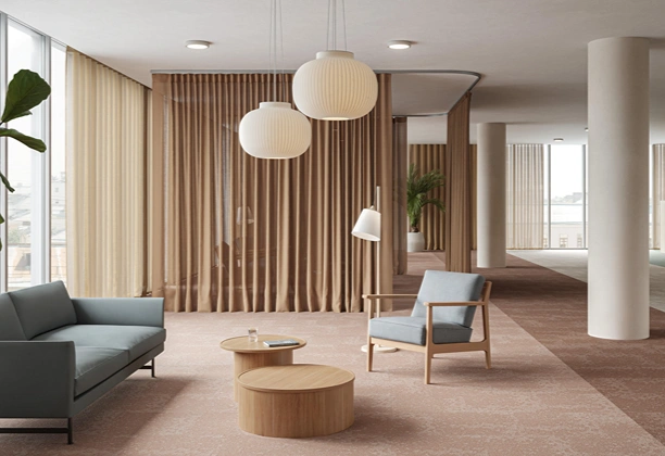 Carpet Tiles close-up showing woven texture, fiber details, and modular design for indoor flooring