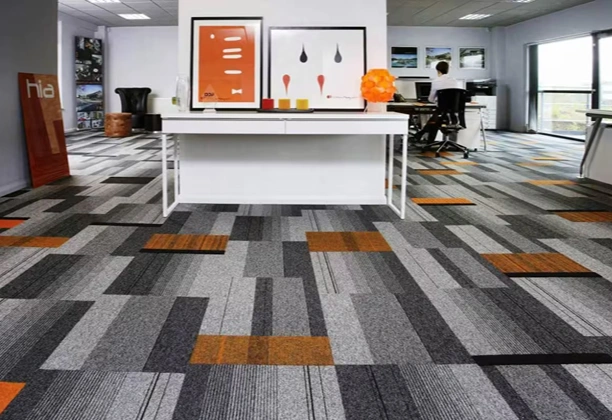Carpet Tiles installation process with measured floor sections and aligned square pieces for accurate fitting.