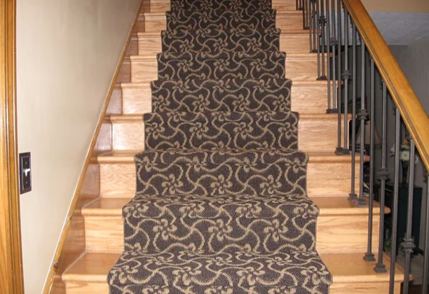 Classic Stair Carpet in dull gray and light gold flower pattern
