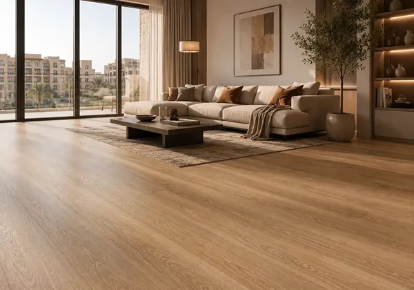 Custom LVT Flooring installation showing tailored plank cuts around walls and door frames