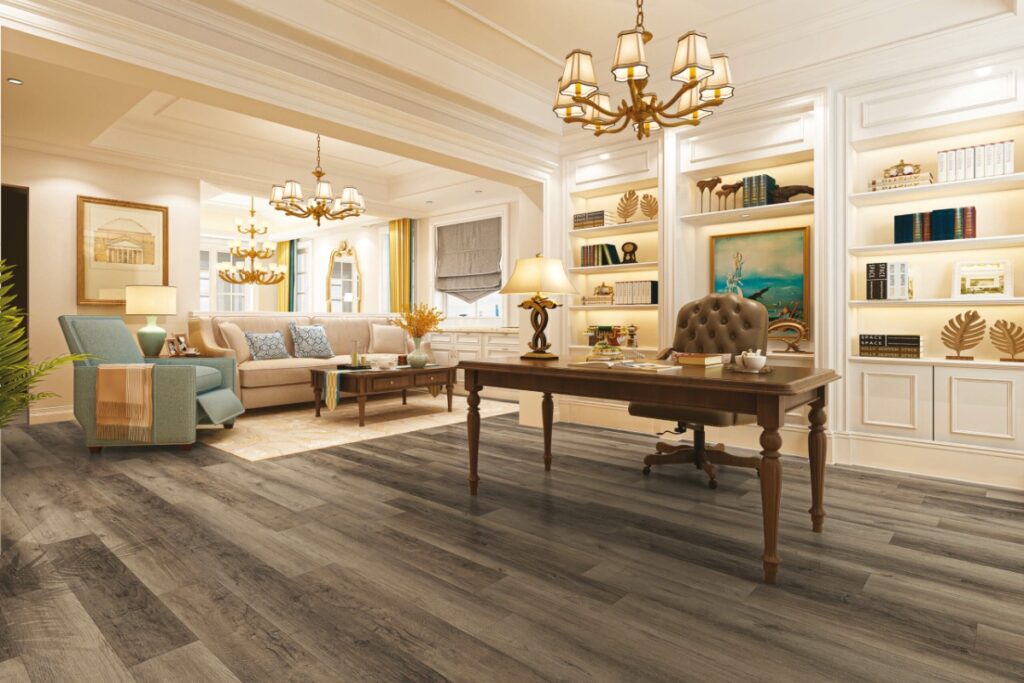 Elegant luxury SPC indoor flooring installation featuring premium wood texture, modern design, and durable performance for stylish interiors.