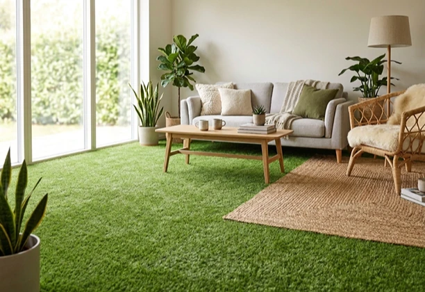 Grass Carpet Flooring installed on outdoor patio area with textured surface and measured edge fitting details