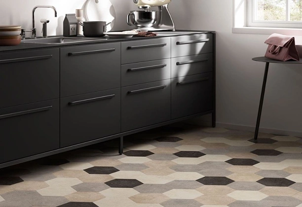 Hexagonal Flooring tiles arranged in geometric patterns for modern interior floor design and residential spaces