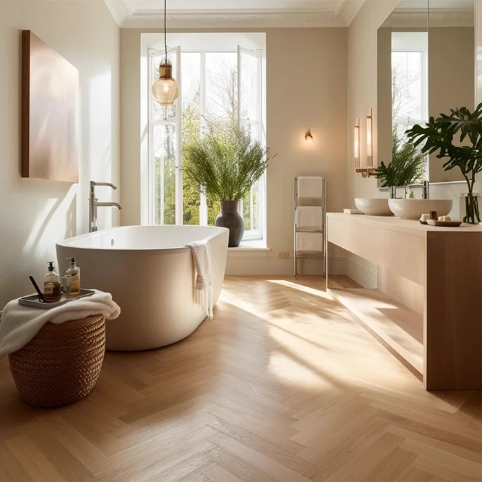LVT Flooring Bathrooms installed with waterproof vinyl planks around fixtures and floor edges
