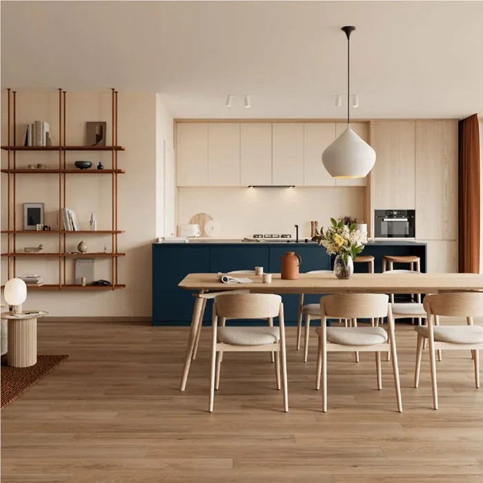 LVT Flooring Dining Areas installed beneath tables with aligned planks and smooth floor transitions
