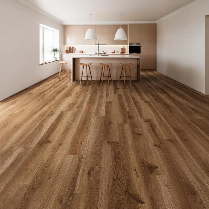 LVT Flooring Kitchens installed around cabinets with precise cuts and water resistant vinyl planks