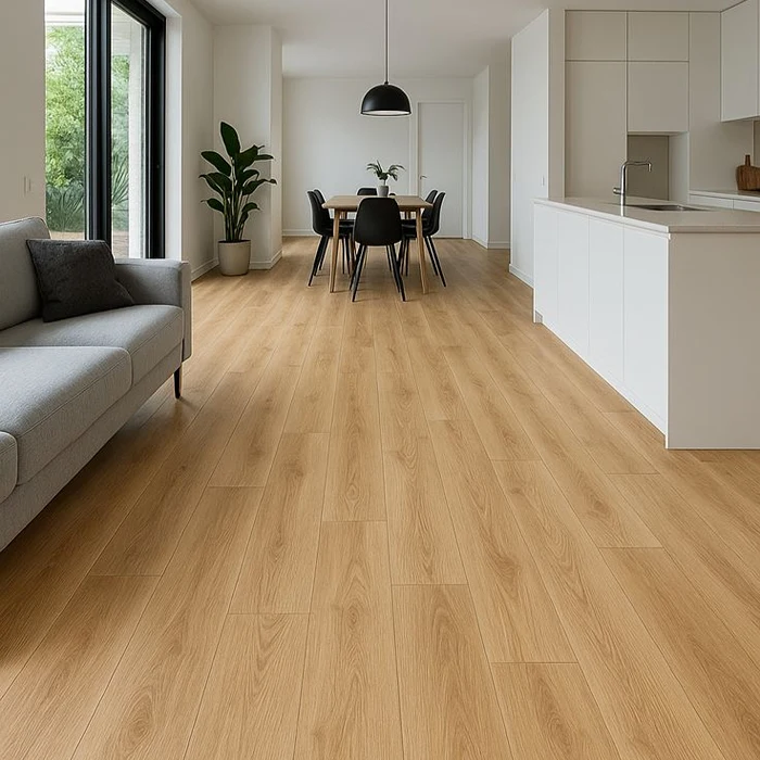 Laminate Wood Flooring installed beneath furniture with clean transitions between interior areas