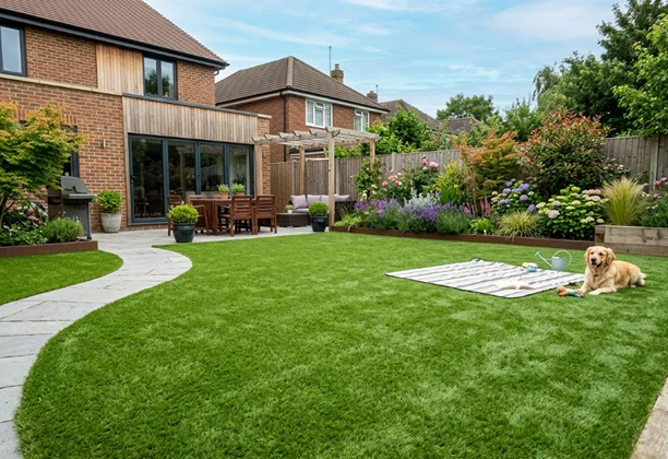 Lawn Artificial Grass installed across a residential garden with clean edging and paved walkway for everyday outdoor use.