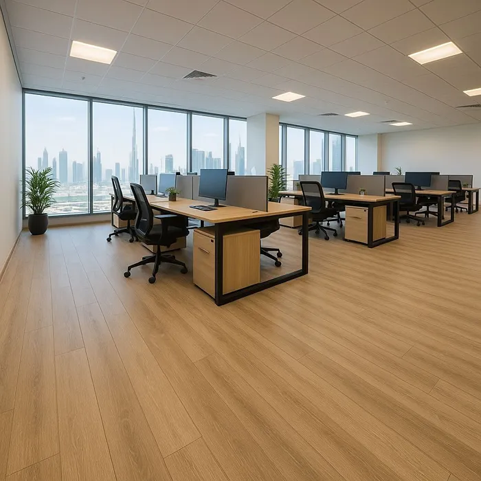 Modern SPC flooring installation for office interiors with stylish wood finish, durable surface, and professional appearance.