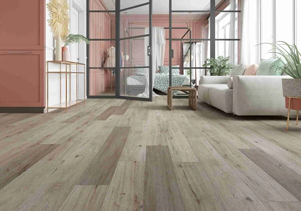 Modern SPC flooring living room close-up displaying textured surface and rigid core finish
