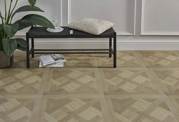 Modern basketweave SPC vinyl flooring creating a distinctive interior look with strong durability and high-quality finishing.