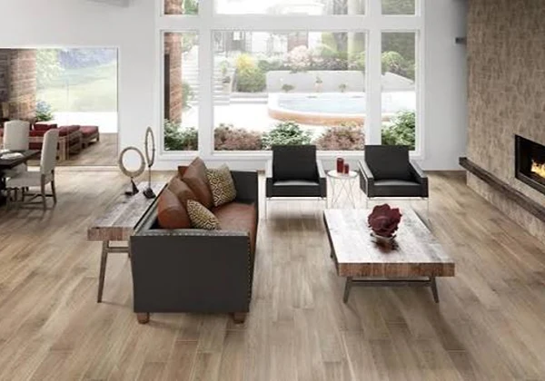 Modern villa with wooden floor featuring open spaces, furniture, and natural wood texture