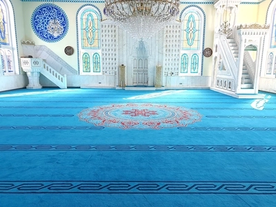 Mosque Carpet Dubai before and after installation comparison inside a mosque prayer space with full floor coverage