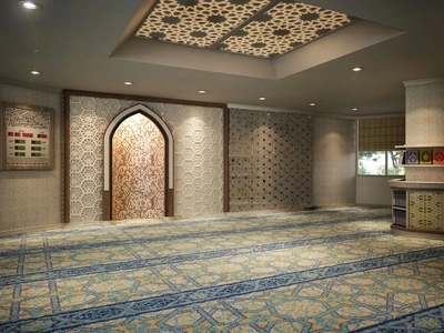 Mosque Carpet Dubai roll prepared for installation with measured cutting and edge finishing inside a prayer hall