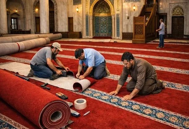 Mosque Carpet Installation with precise wall-to-wall fitting inside a prayer hall during professional flooring setup and alignment