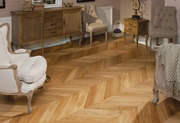 Parquet Flooring with oak wood pattern installed in modern living room interior design space