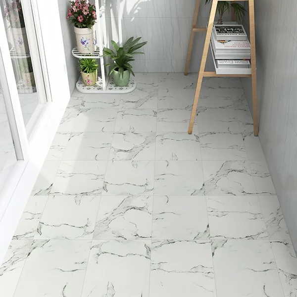 Peel-and-stick LVT close-up displaying adhesive layer with realistic wood texture finish
