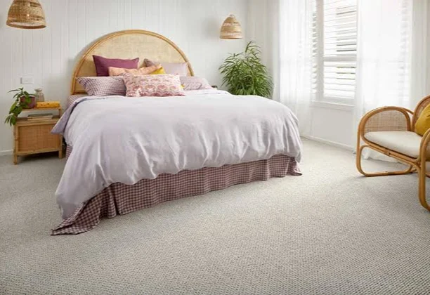 Polyester Bedroom Carpet in a modern bedroom with full floor coverage and neutral color finish
