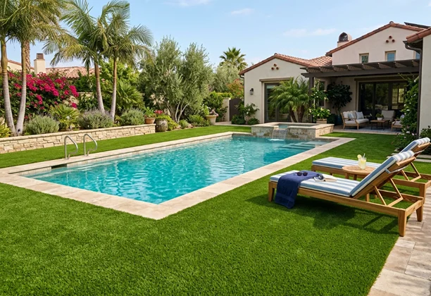 Poolside Artificial Grass installed around a swimming pool with drainage backing and clean edge finishing