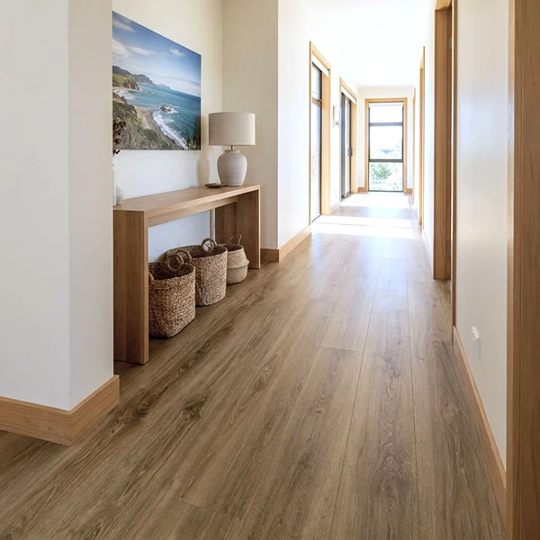 Professional wood-look SPC flooring installation featuring natural timber appearance, realistic grain texture, and durable flooring performance.
