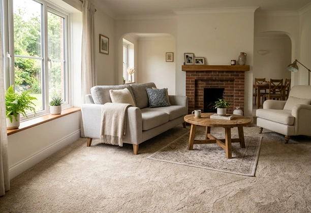 Residential Carpet Flooring with soft pile texture shown in a modern living room interior setting