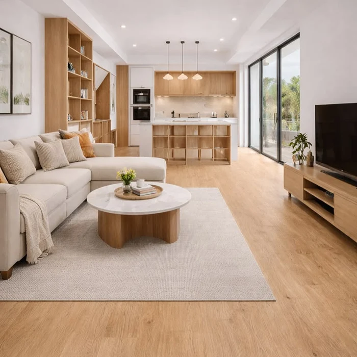 SPC Wood Flooring close-up highlighting embossed grain detail and waterproof surface layer