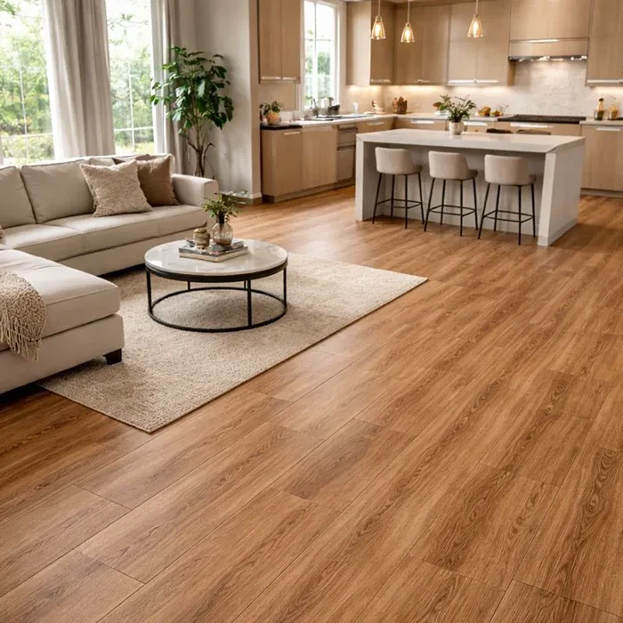 SPC Wood Flooring planks being locked together during professional floor installation process