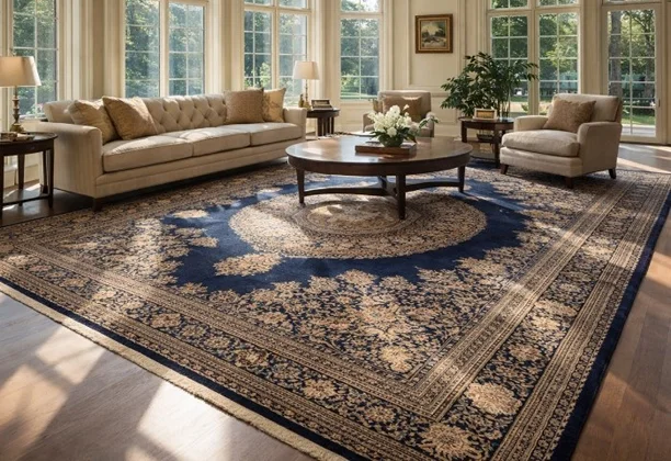 Silk Carpet with intricate woven patterns placed in a modern living room with natural lighting