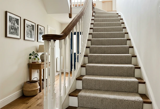 Stair Carpet Flooring with textured pile surface installed on indoor steps for residential stair areas