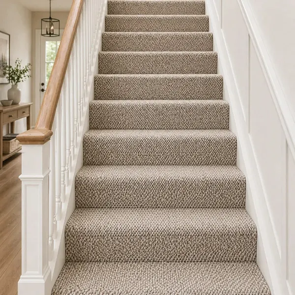 Stair Carpet fitted on curved stairs with accurate alignment and floor protection
