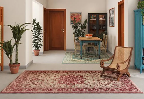 Turkish Carpet with traditional patterns shown in a living room interior setting