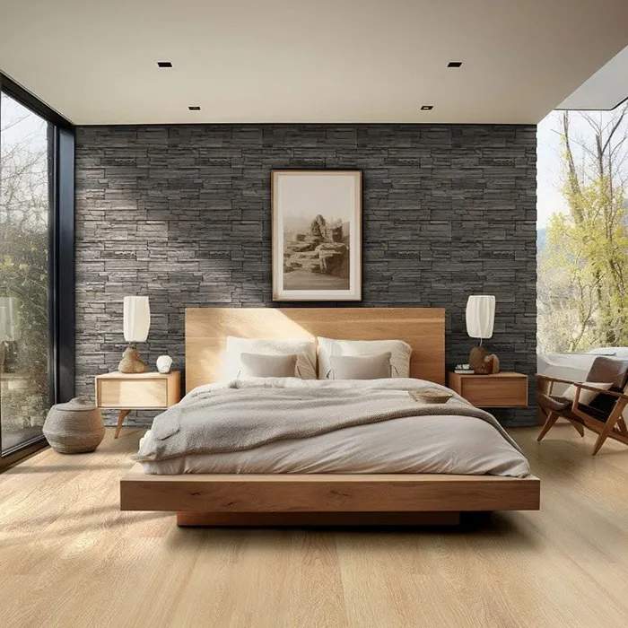 Vinyl Flooring Bedrooms featuring realistic wood texture beneath modern bedroom furniture