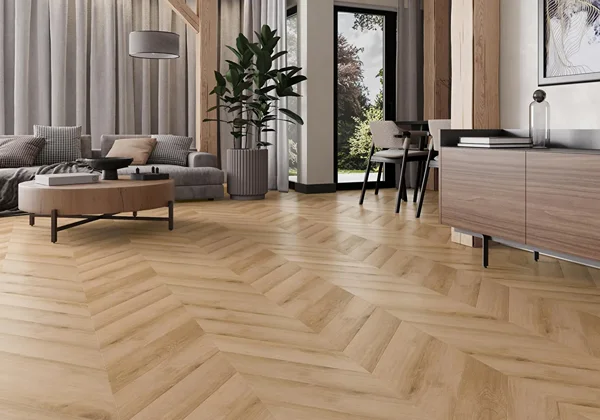Wood-look LVT installed in a family lounge with realistic oak grain and plank flooring